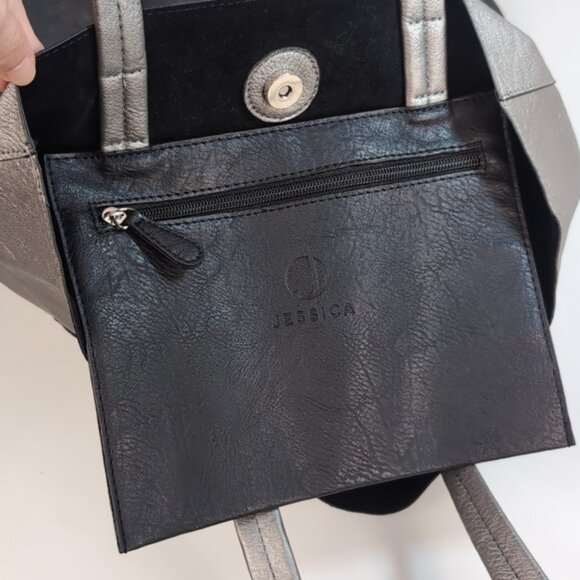 NEW Jessica Faux Leather Shoulder Bag Color Block Large Tote Purse Silver Black - Picture 8 of 11
